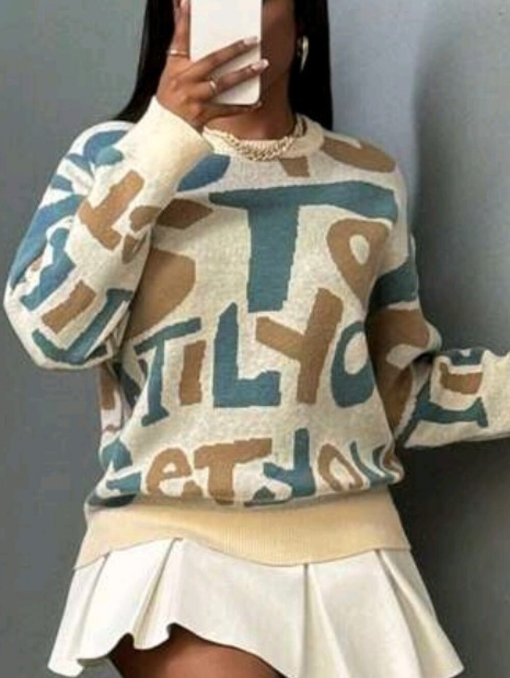 Neutral & Teal Graphic Knit Sweater – Women's Casual Pullover